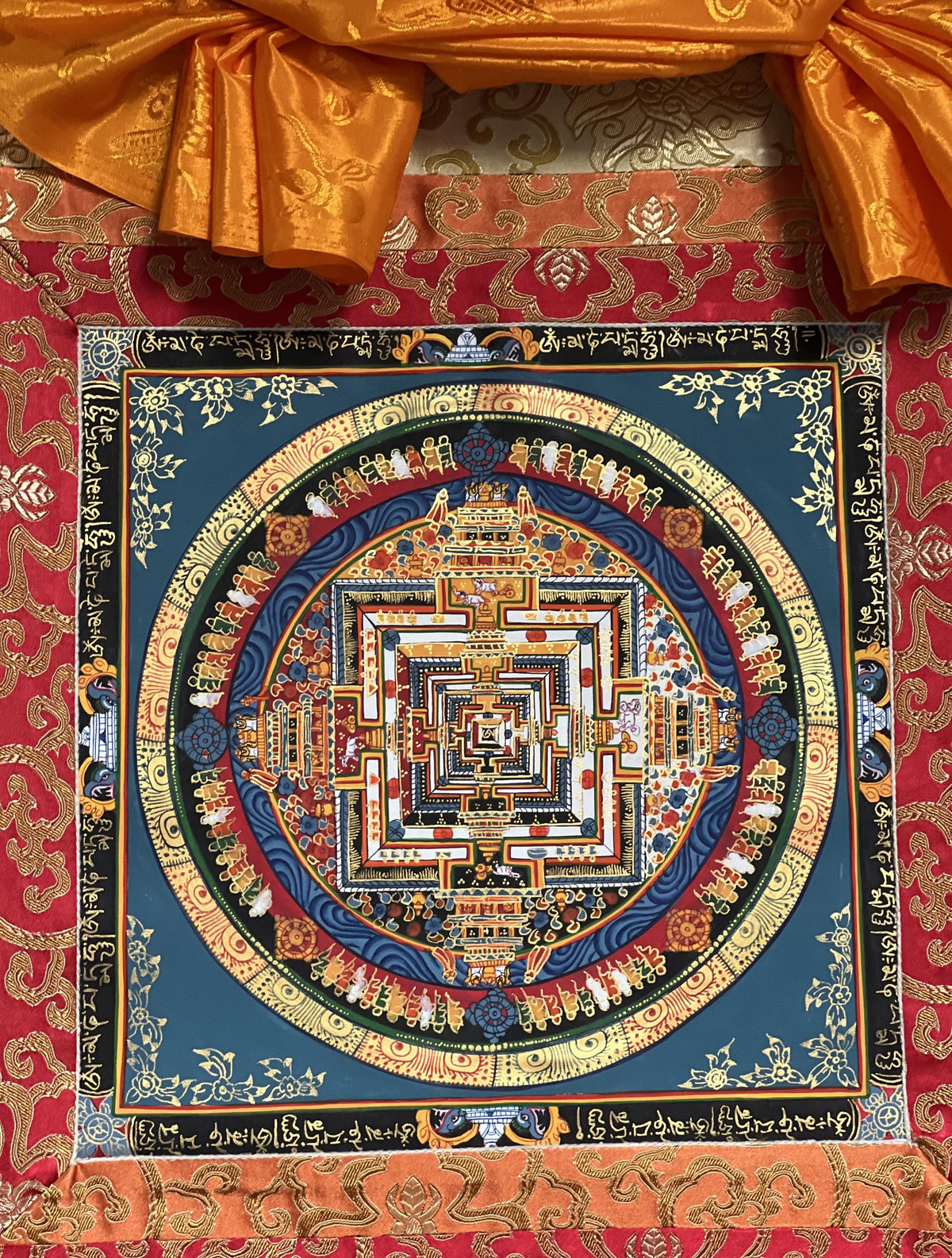 Kalachakra Mandala Tibetan Thangka Painting with Silk Brocade