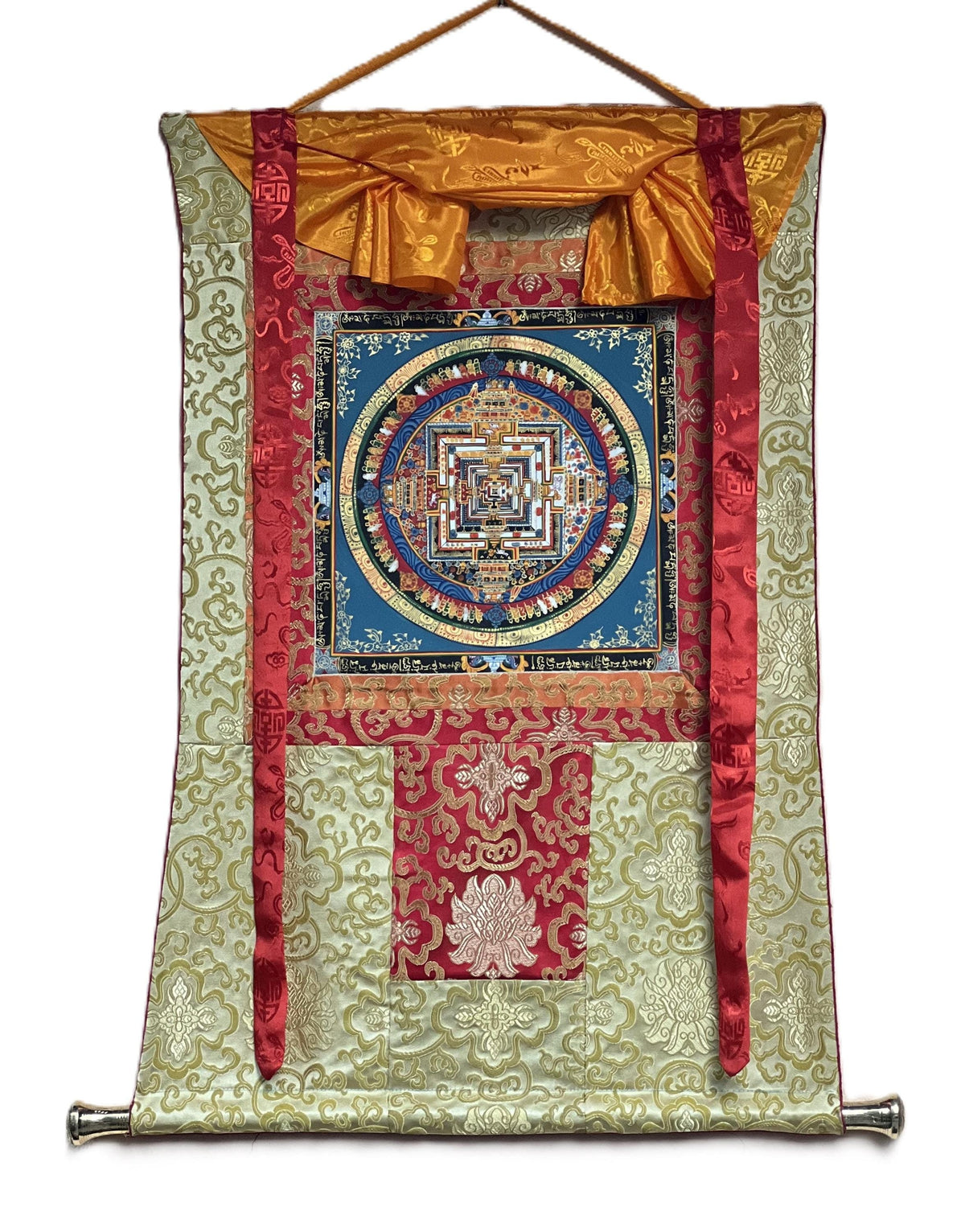 Kalachakra Mandala Tibetan Thangka Painting with Silk Brocade