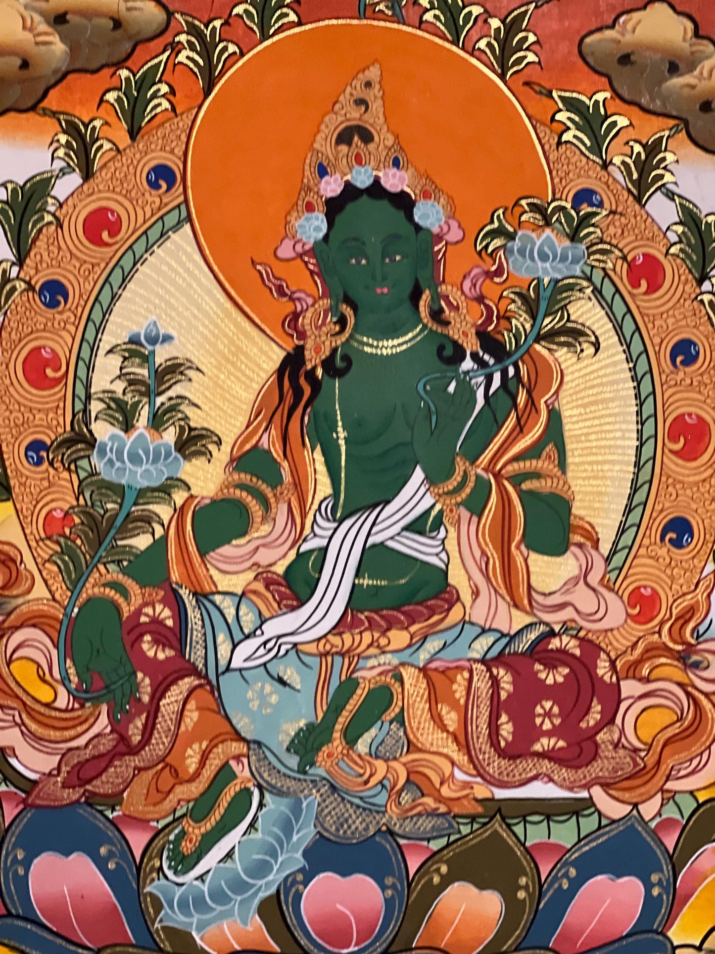 Hand-Painted Green Tara Thangka, Silk Framed Tibetan Wall Hanging