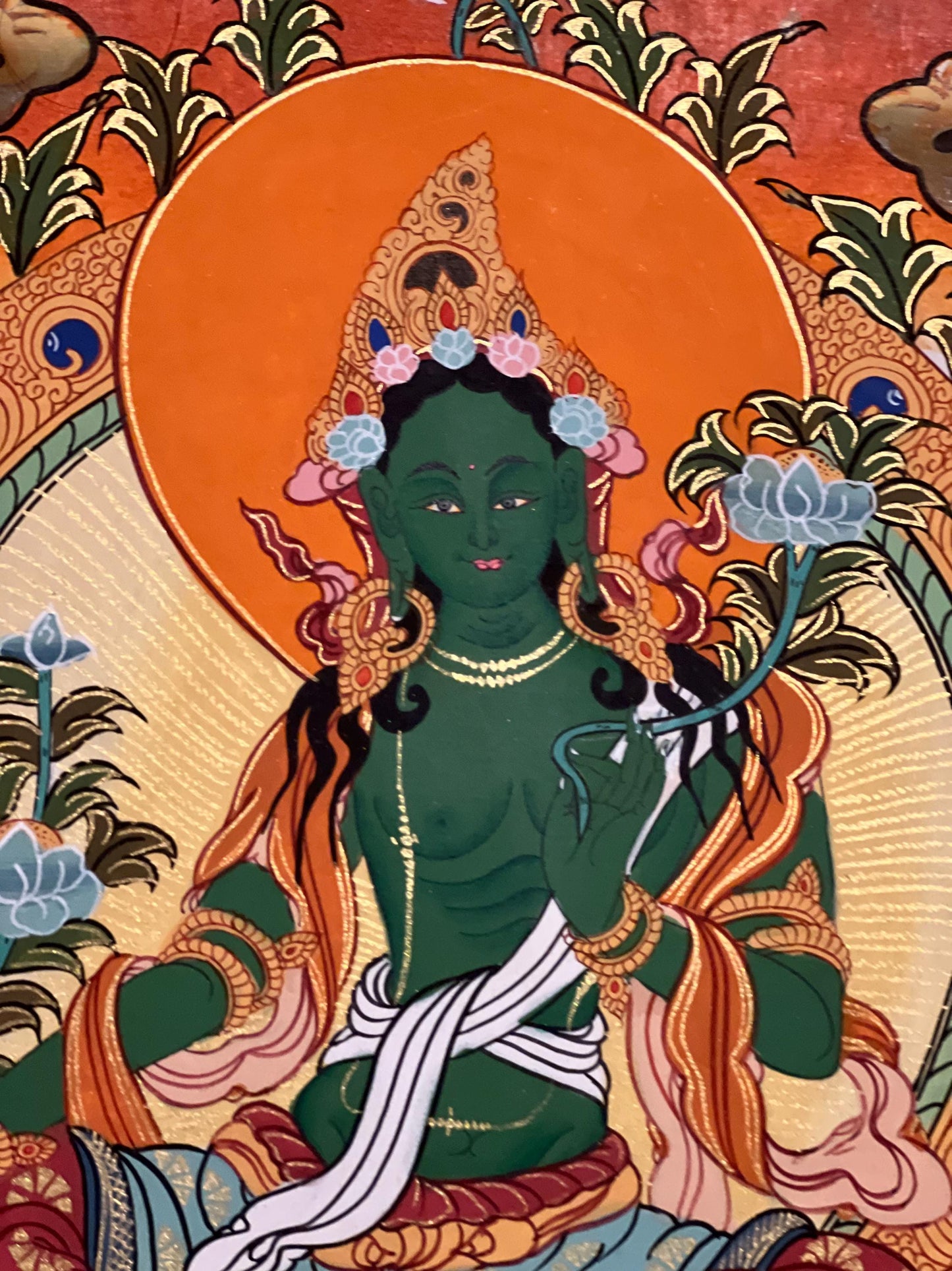 Hand-Painted Green Tara Thangka, Silk Framed Tibetan Wall Hanging