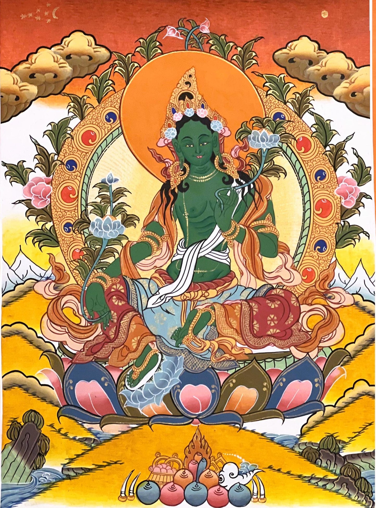 Hand-Painted Green Tara Thangka, Silk Framed Tibetan Wall Hanging