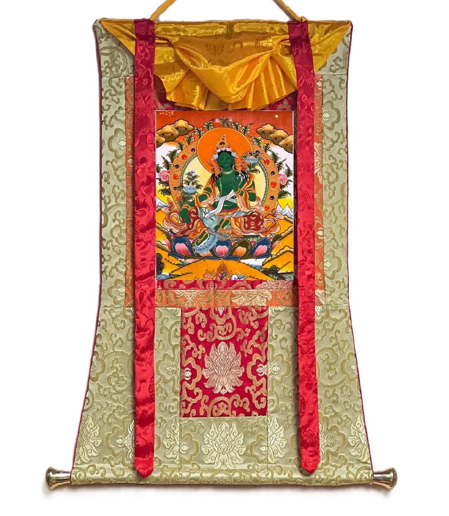 Hand-Painted Green Tara Thangka, Silk Framed Tibetan Wall Hanging