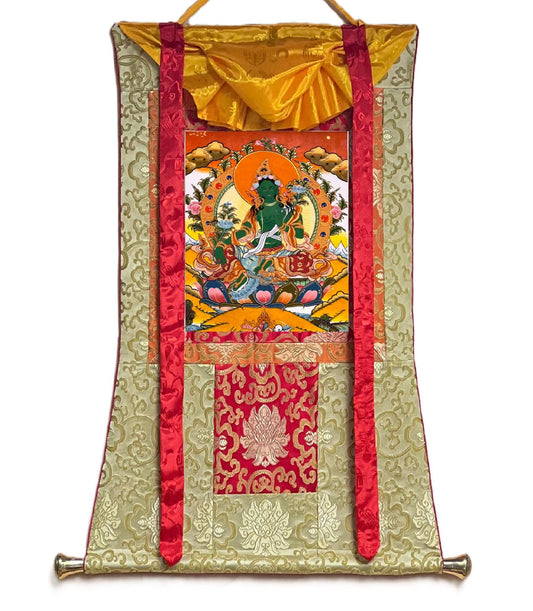 Hand-Painted Green Tara Thangka, Silk Framed Tibetan Wall Hanging