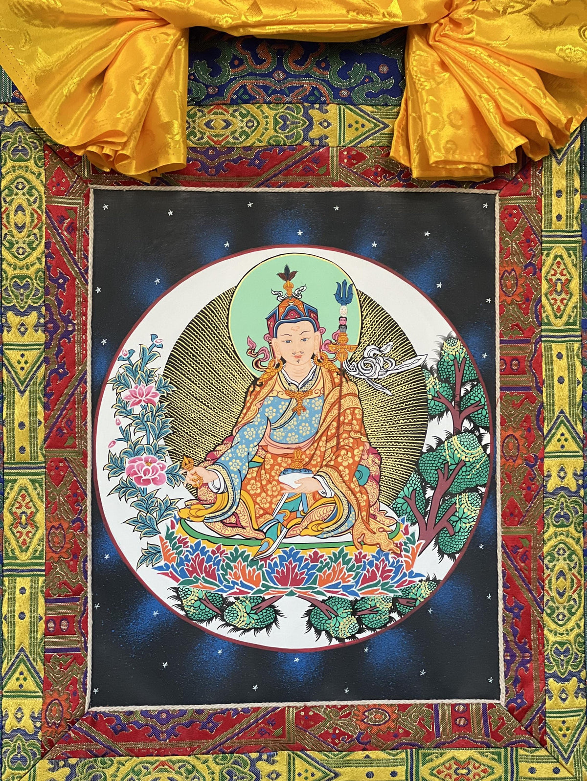 Hand-Painted Padmasambhava Thangka Painting with Silk Brocade