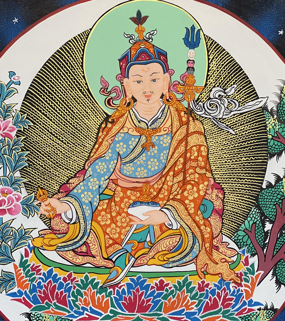 Hand-Painted Padmasambhava Thangka Painting with Silk Brocade
