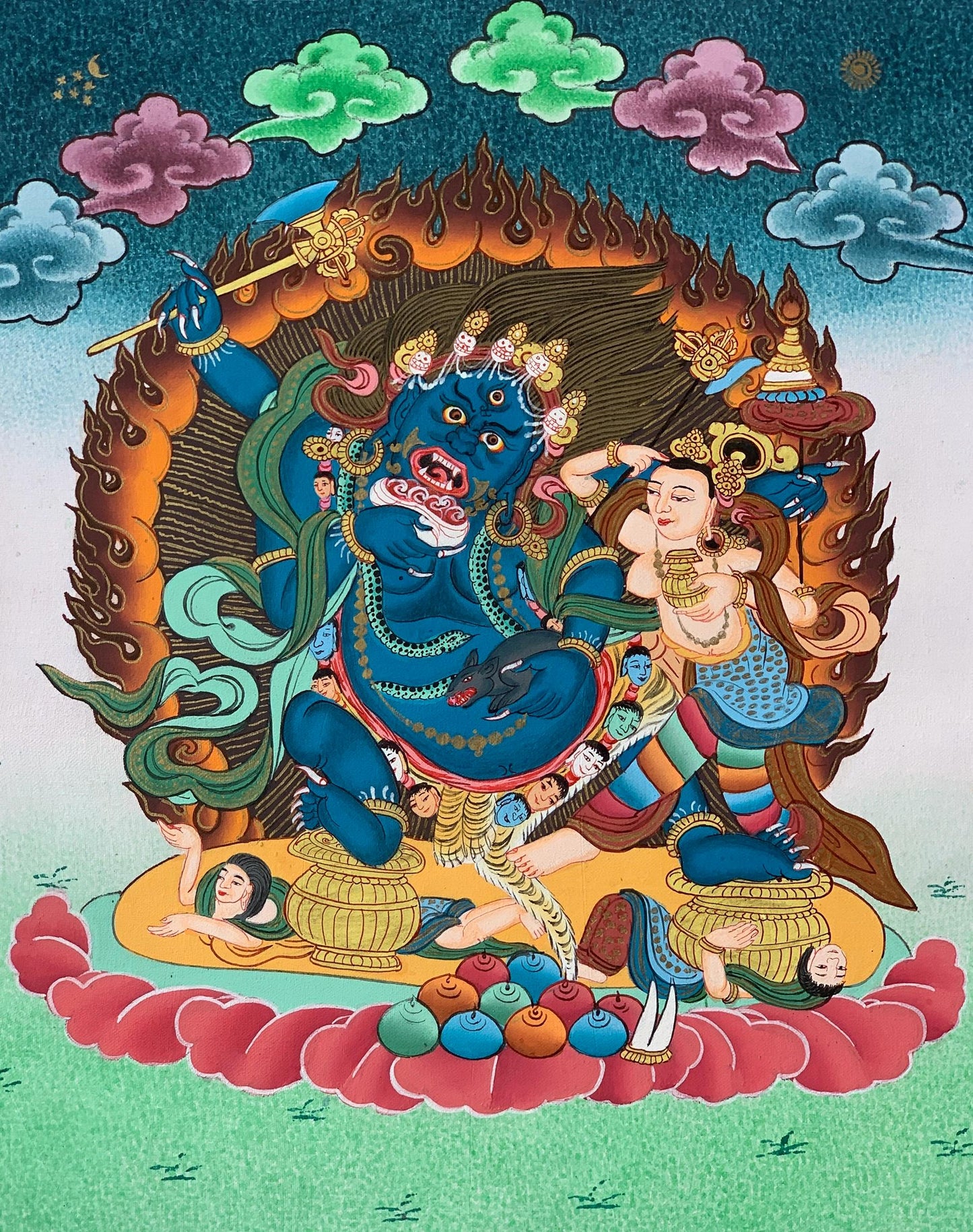 Hand-Painted Black Jambhala Thangka – Tibetan God of Wealth, Silk Brocade