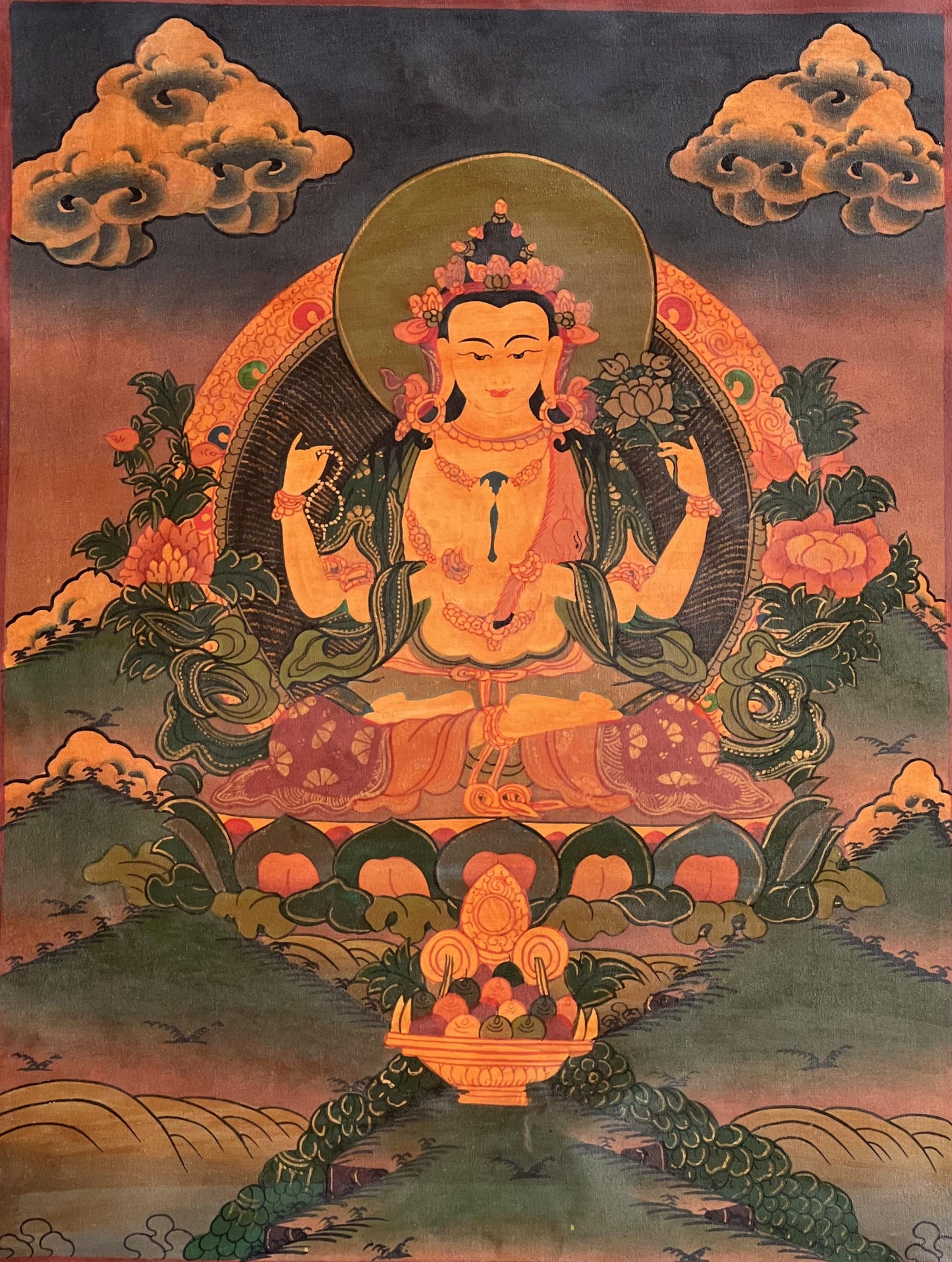 Old Oil-Varnished Chenrezig Thangka | Four-Armed Avalokiteshvara Hand-Painted Tibetan Art