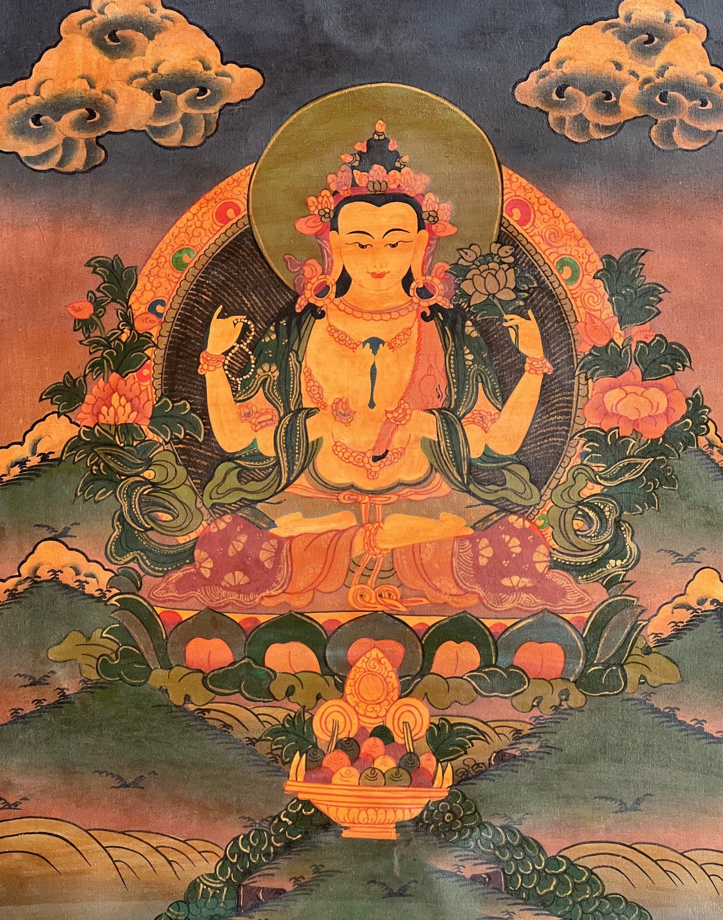 Old Oil-Varnished Chenrezig Thangka | Four-Armed Avalokiteshvara Hand-Painted Tibetan Art