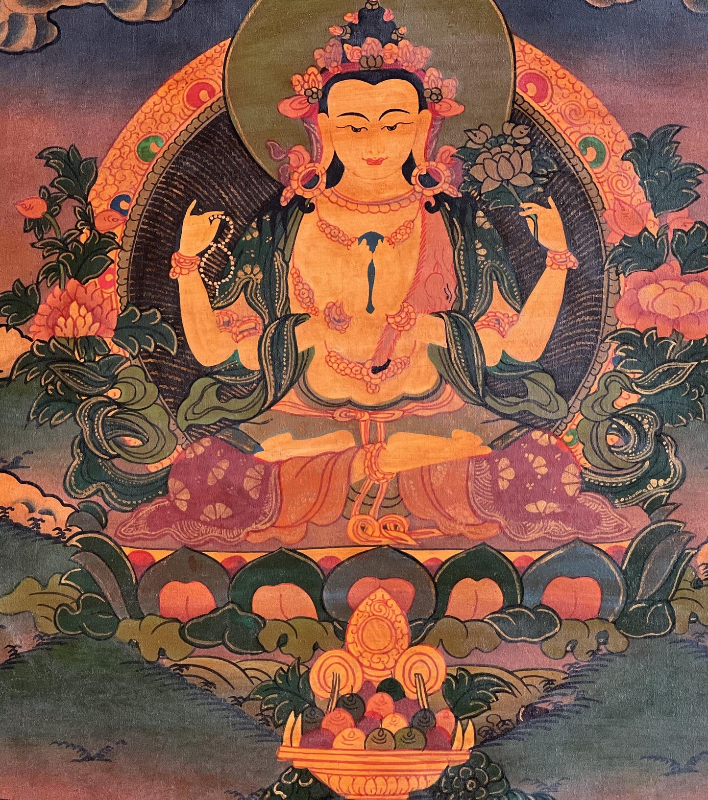 Old Oil-Varnished Chenrezig Thangka | Four-Armed Avalokiteshvara Hand-Painted Tibetan Art
