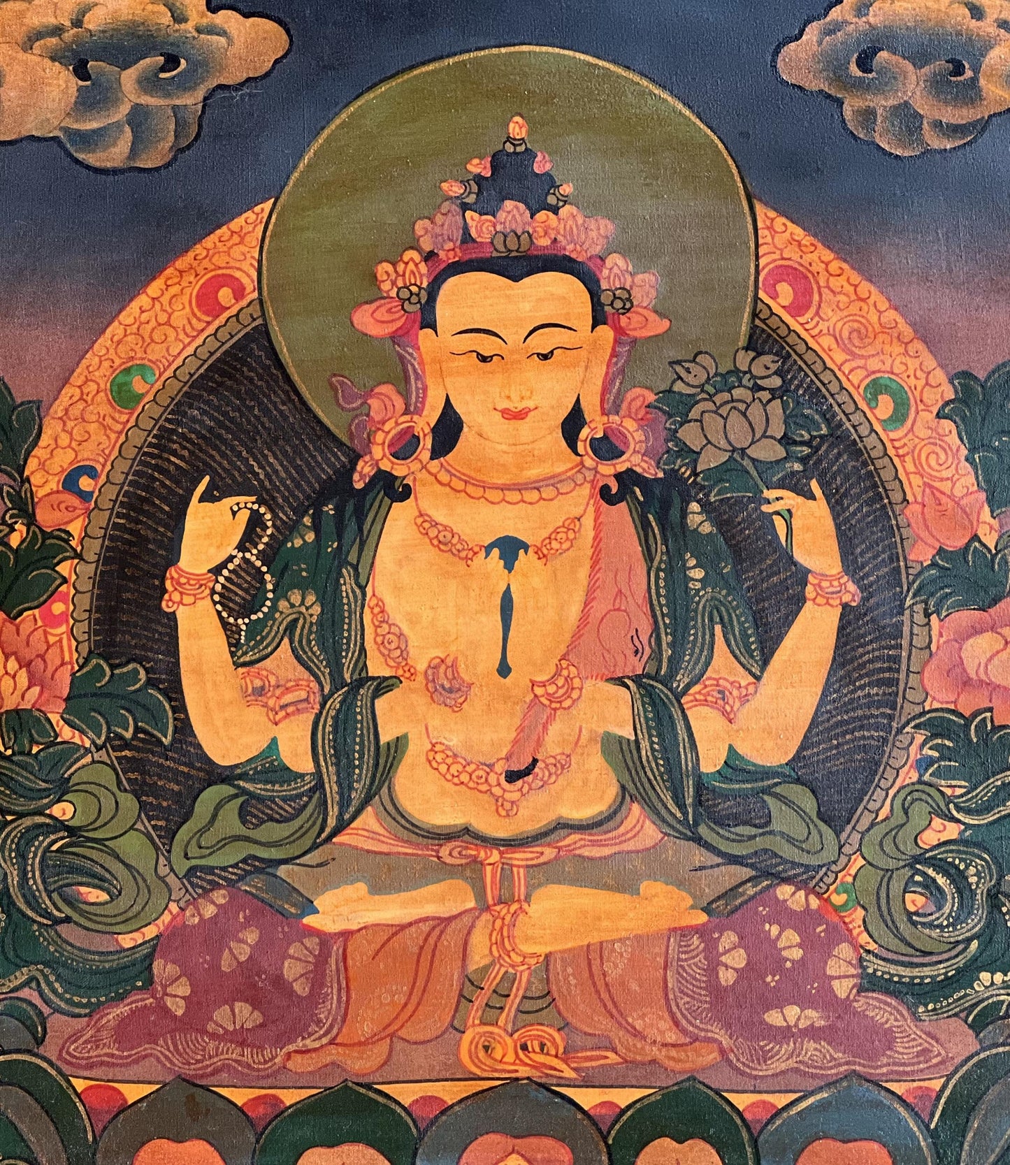 Old Oil-Varnished Chenrezig Thangka | Four-Armed Avalokiteshvara Hand-Painted Tibetan Art