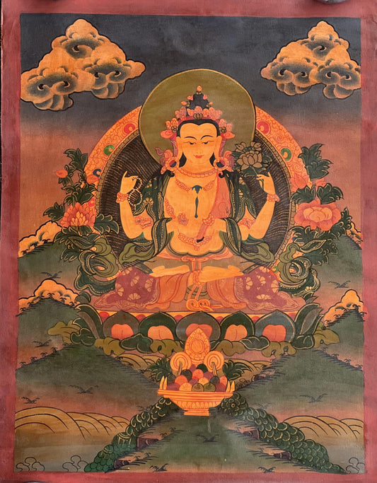 Old Oil-Varnished Chenrezig Thangka | Four-Armed Avalokiteshvara Hand-Painted Tibetan Art