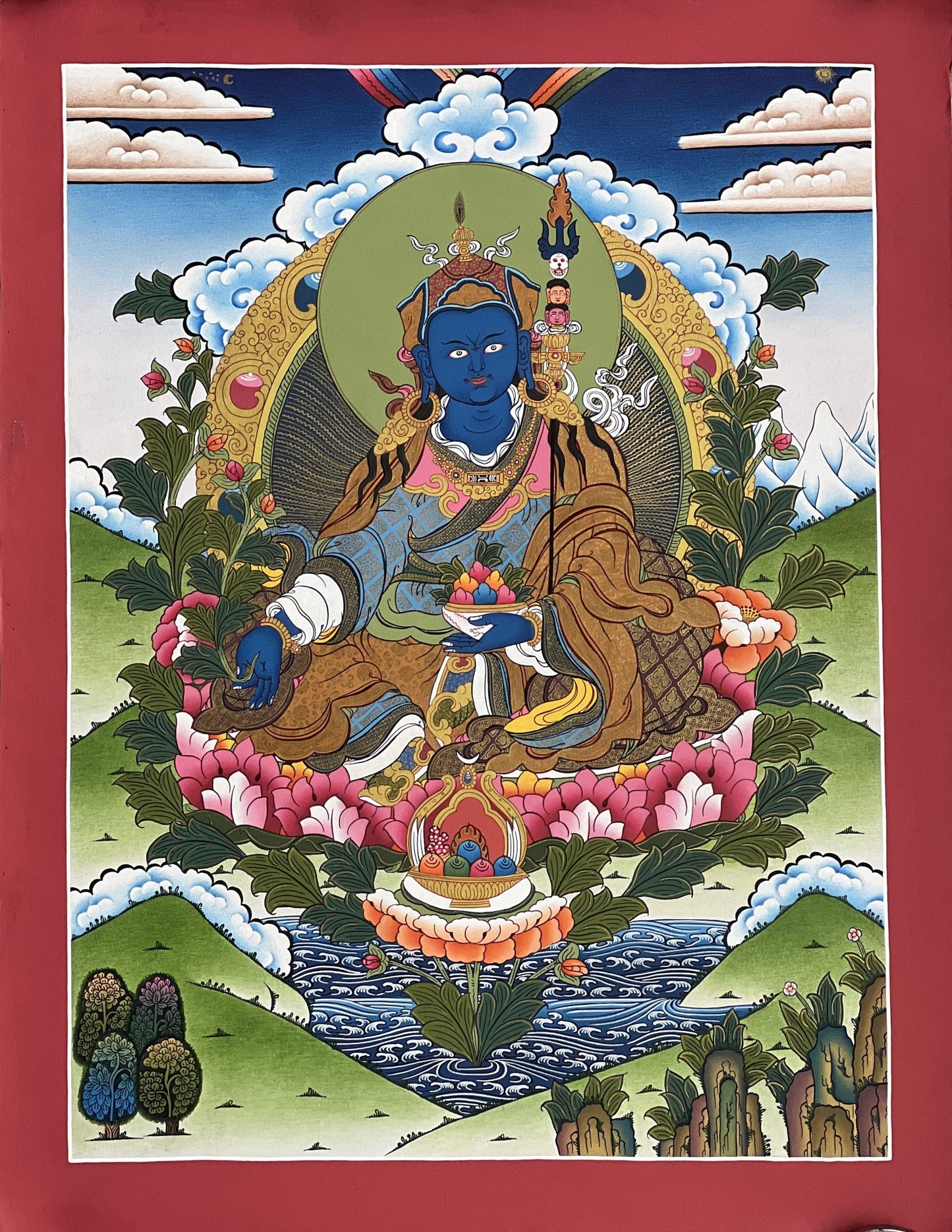 Hand-Painted Orgyen Menla Thangka | Guru Rinpoche Medicine Buddha Painting | Tibetan Healing Art