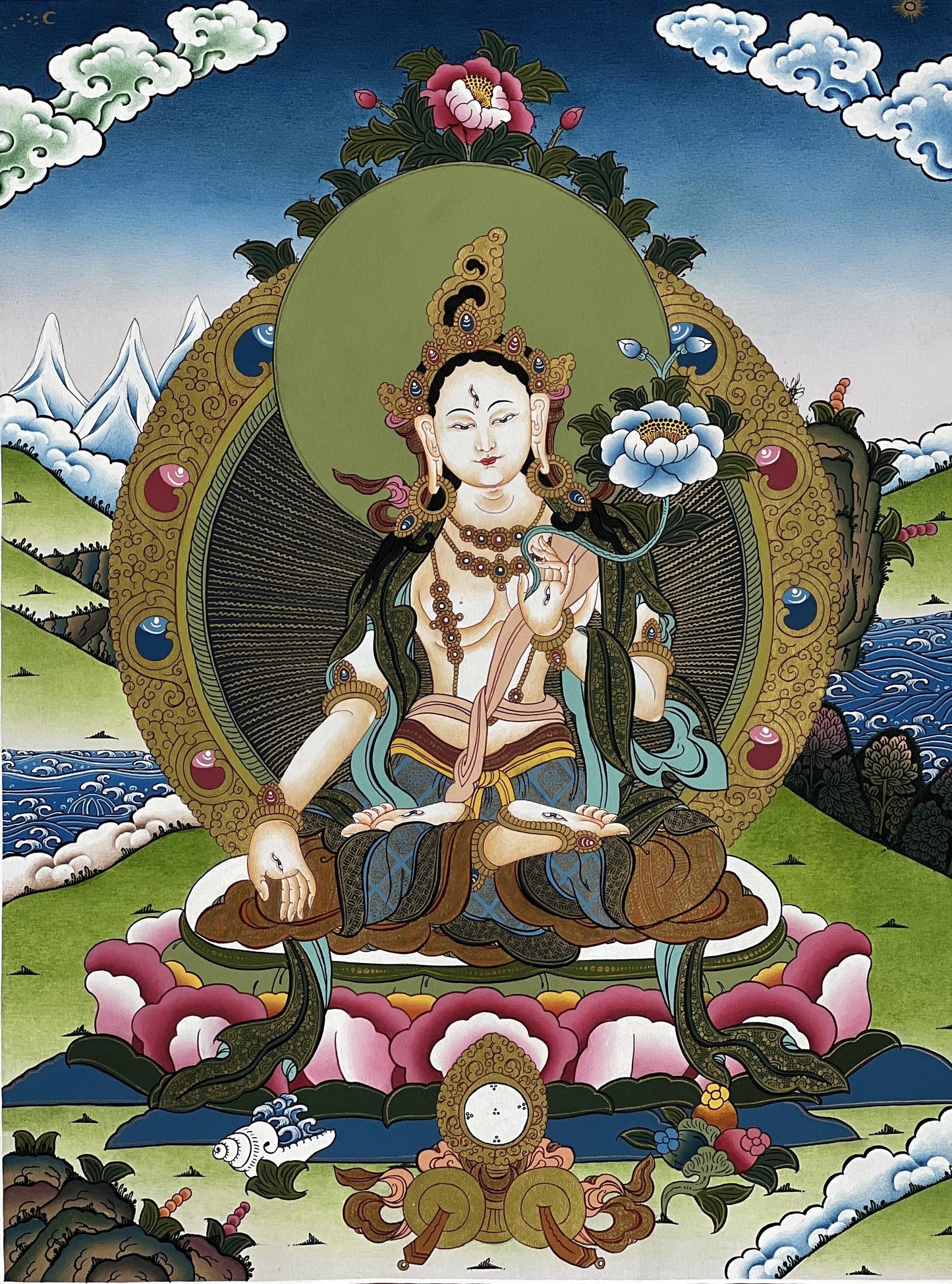 Hand-Painted White Tara Thangka: Mother Goddess Art from Nepal