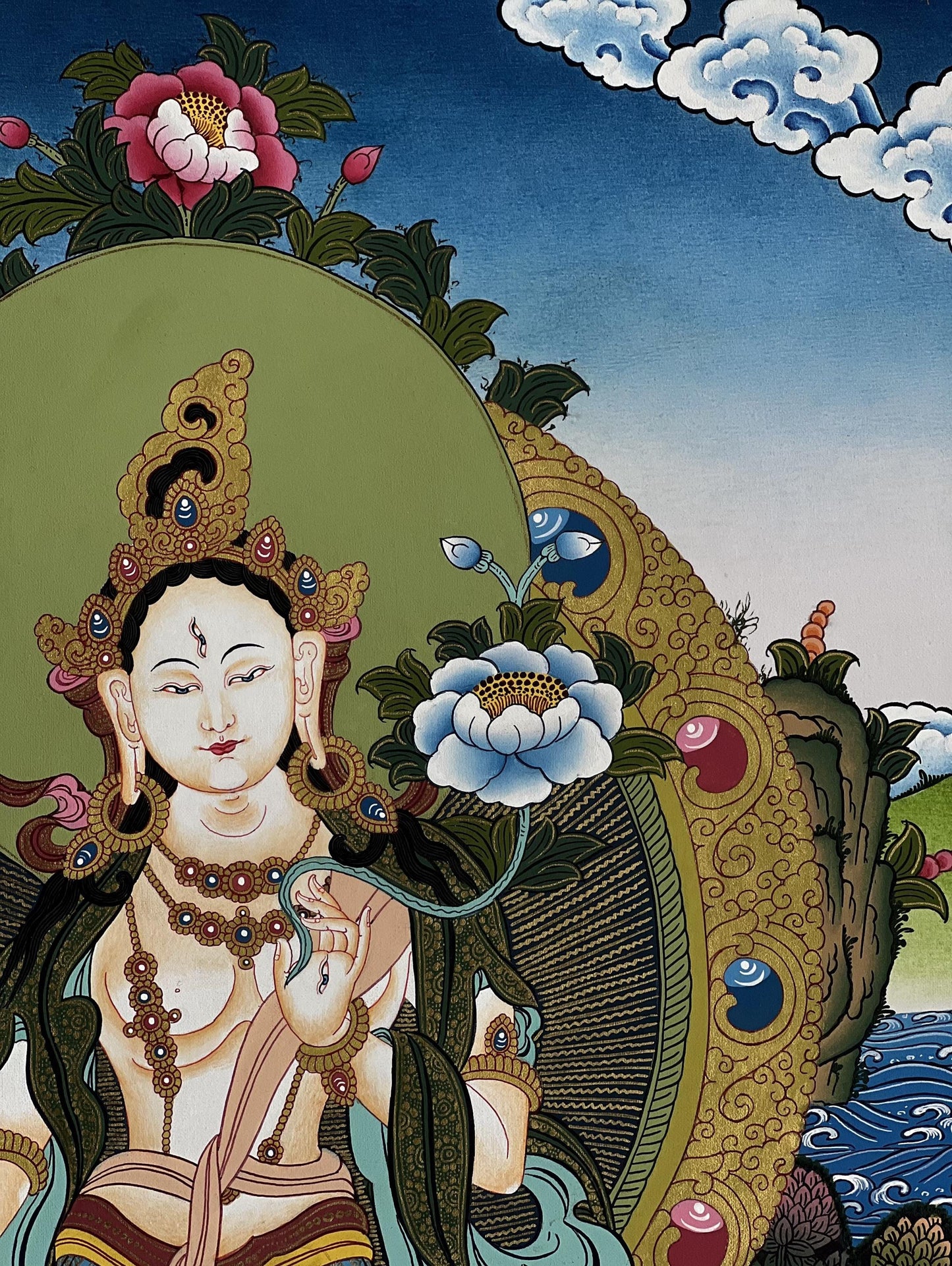 Hand-Painted White Tara Thangka: Mother Goddess Art from Nepal