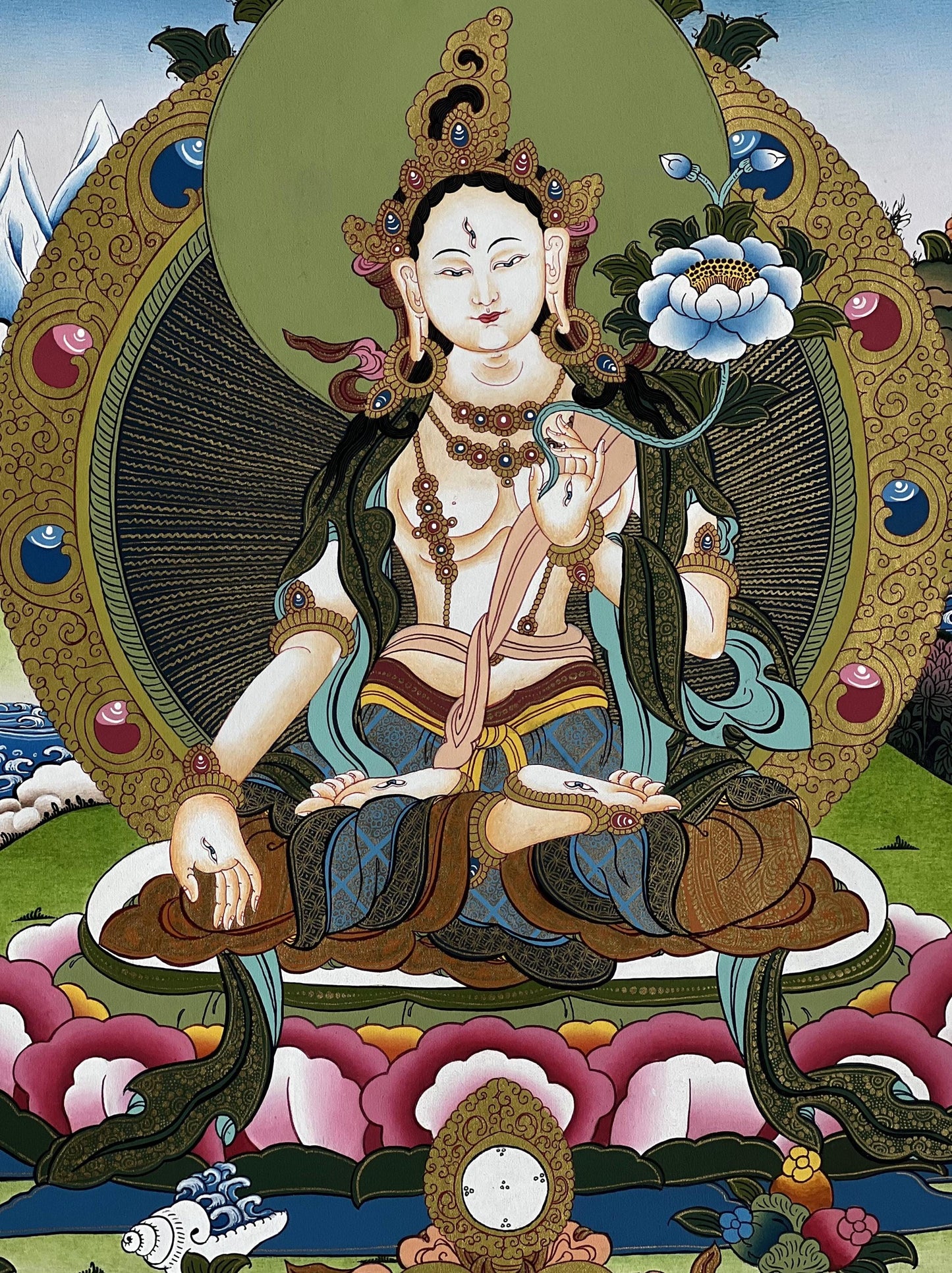 Hand-Painted White Tara Thangka: Mother Goddess Art from Nepal