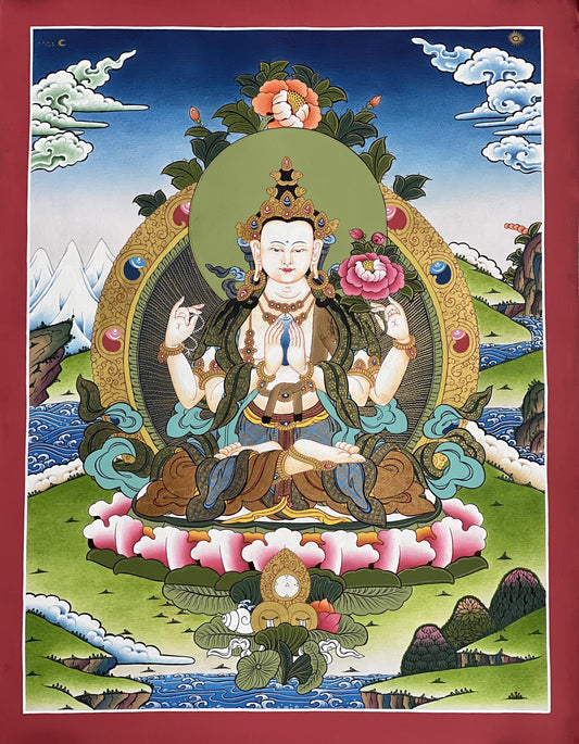 Original Hand Painted Avalokiteshvara / Chenrezig/ Compassion Buddha Masterpiece Tibetan Compassion / Meditation Thangka / Thanka  Painting