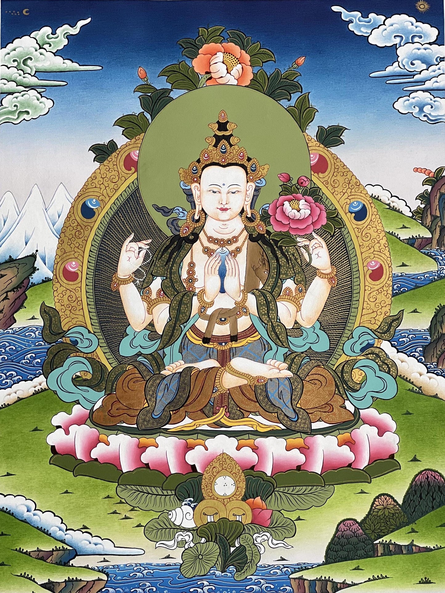 Original Hand Painted Avalokiteshvara / Chenrezig/ Compassion Buddha Masterpiece Tibetan Compassion / Meditation Thangka / Thanka  Painting
