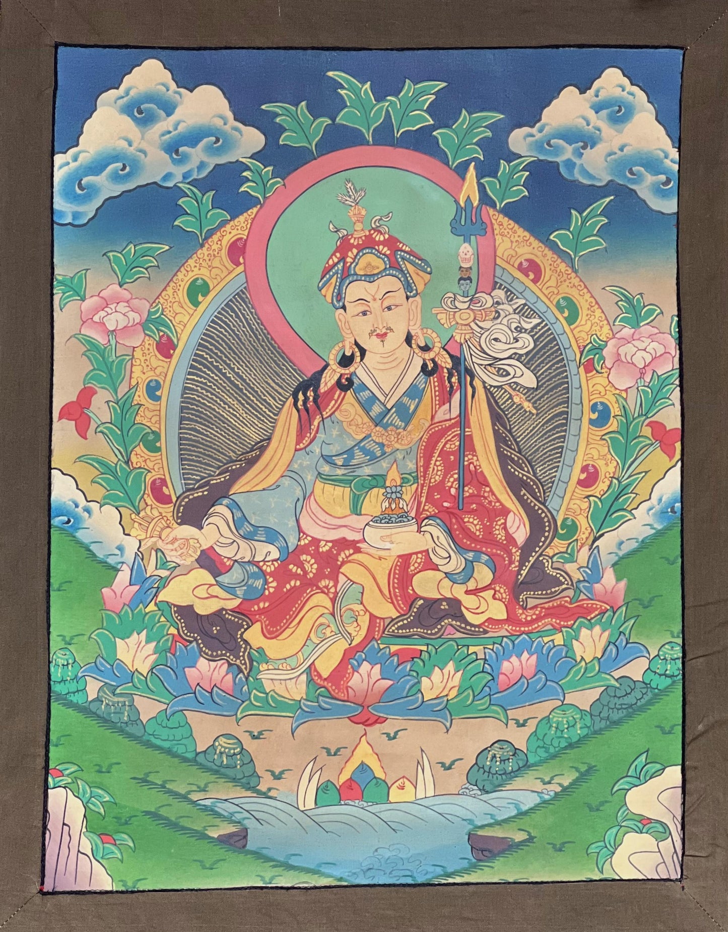 Guru Rinpoche Thangka | Padmasambhava Tibetan Art with Cotton Brocade