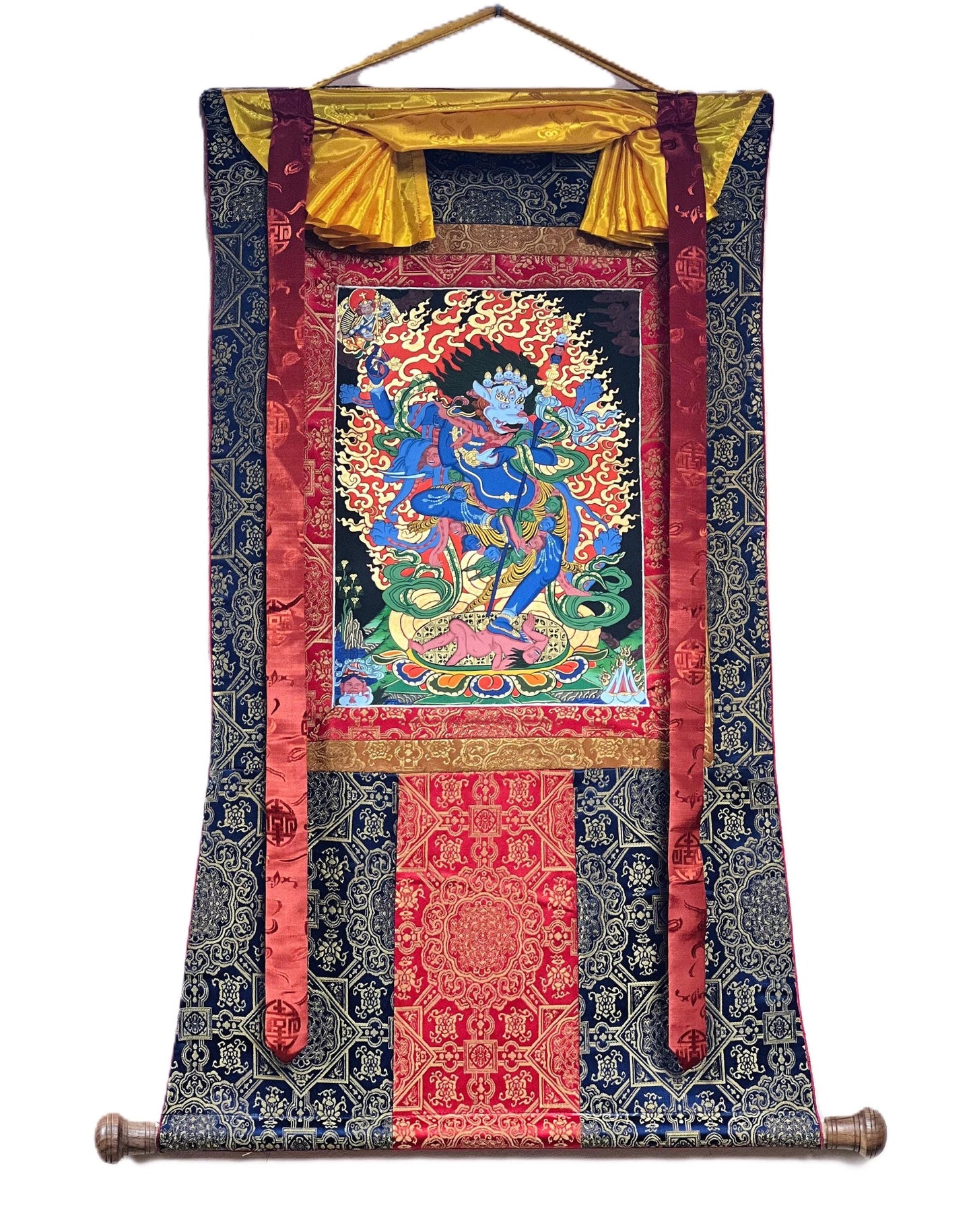 Hand-Painted Simhamukha Thangka – Vajrayogini Lion Dakini, Silk Brocade
