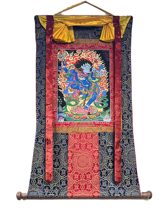 Hand-Painted Simhamukha Thangka – Vajrayogini Lion Dakini, Silk Brocade