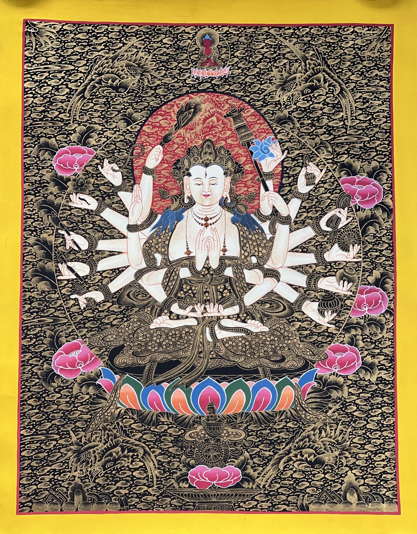 Hand-Painted Cundi Thangka Painting, Tibetan Mother Goddess Art (18x24 inch)