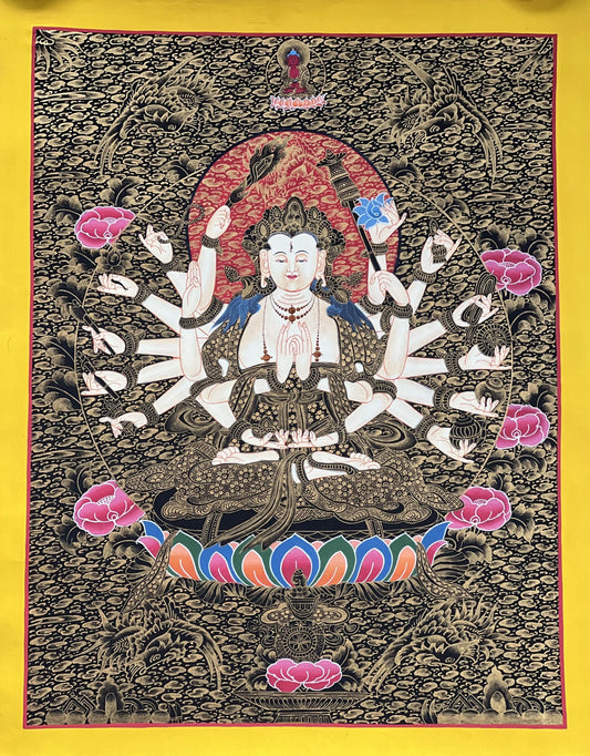 Hand-Painted Cundi Thangka Painting, Tibetan Mother Goddess Art (18x24 inch)