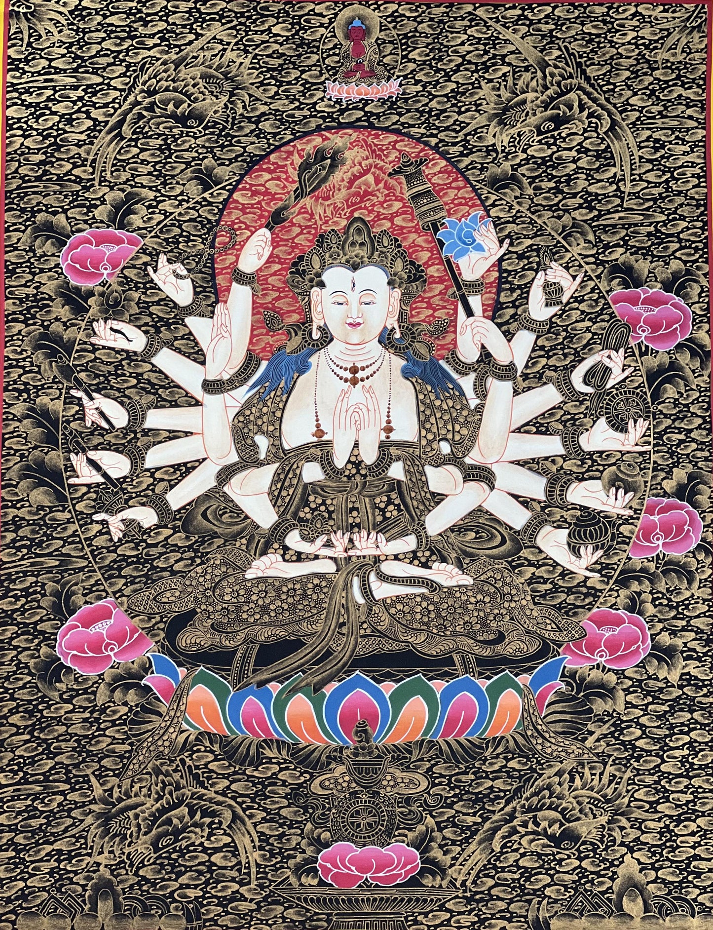 Hand-Painted Cundi Thangka Painting, Tibetan Mother Goddess Art (18x24 inch)