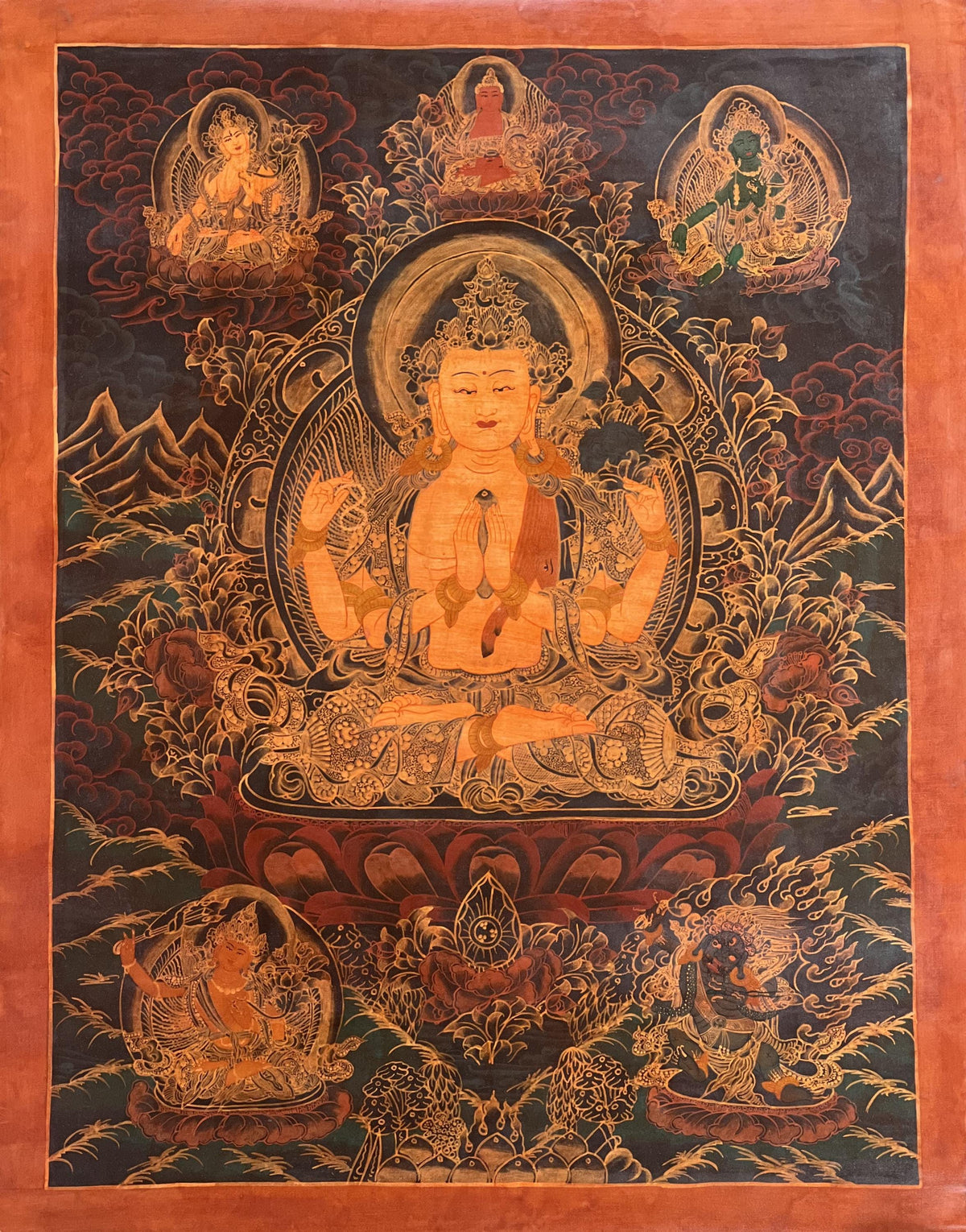 Chenrezig/ Avalokiteshvara Bodhisattva Old Oil Varnished Tibetan Thangka Painting/ Original Hand-Painted Buddhist Art