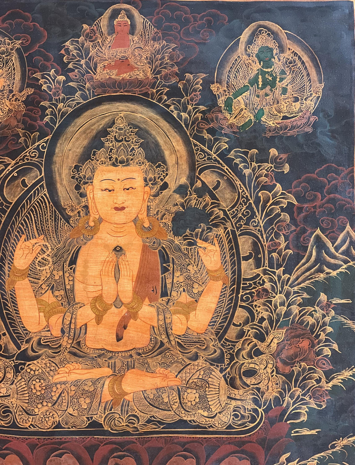 Chenrezig/ Avalokiteshvara Bodhisattva Old Oil Varnished Tibetan Thangka Painting/ Original Hand-Painted Buddhist Art