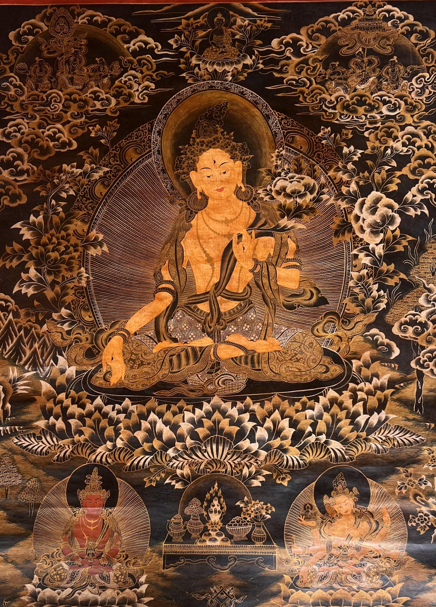 Hand-Painted White Tara Thangka Painting, Tibetan Buddhist Art (25x36 inch)