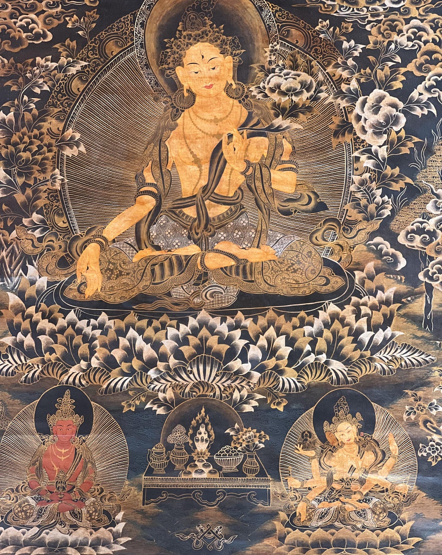 Hand-Painted White Tara Thangka Painting, Tibetan Buddhist Art (25x36 inch)