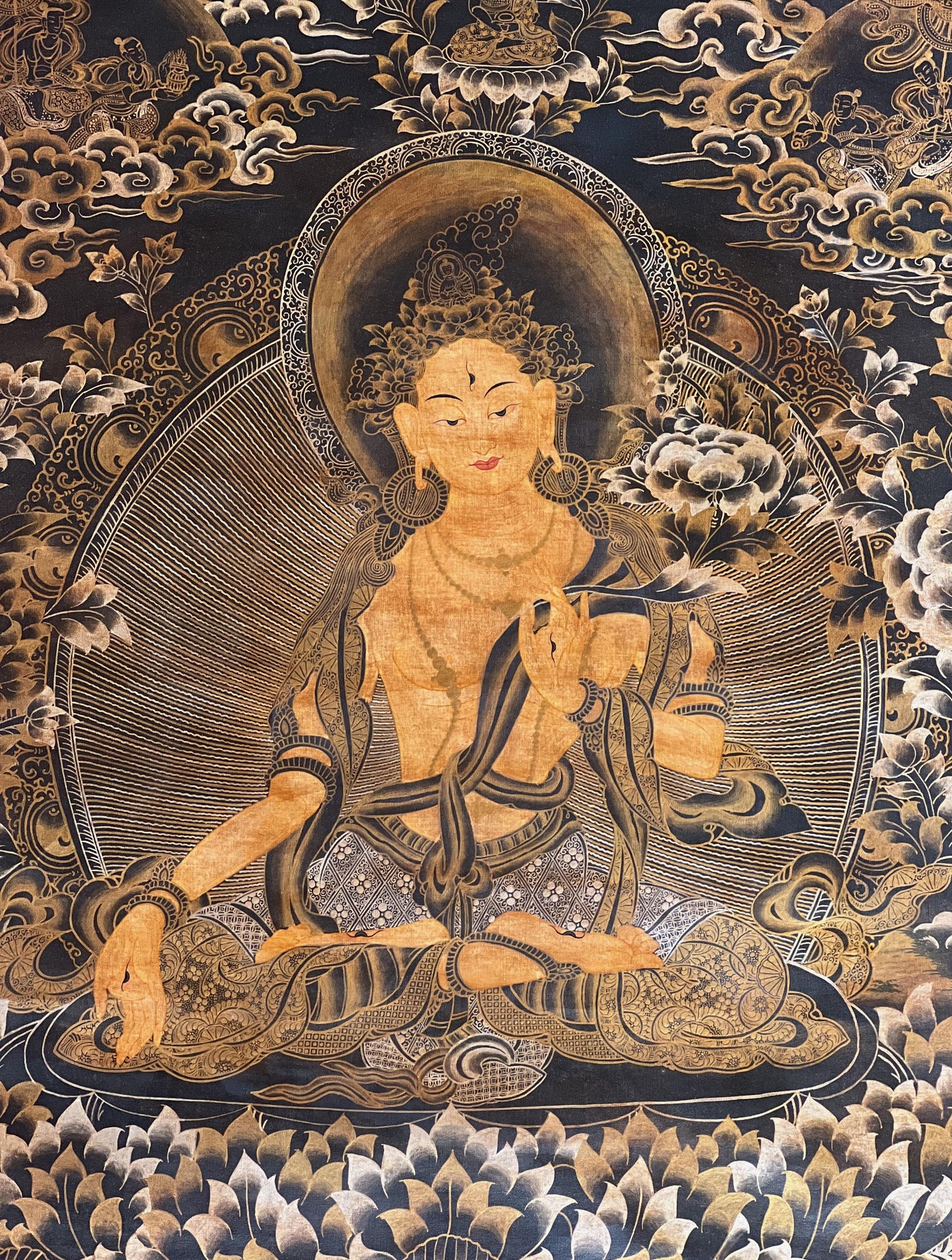 Hand-Painted White Tara Thangka Painting, Tibetan Buddhist Art (25x36 inch)