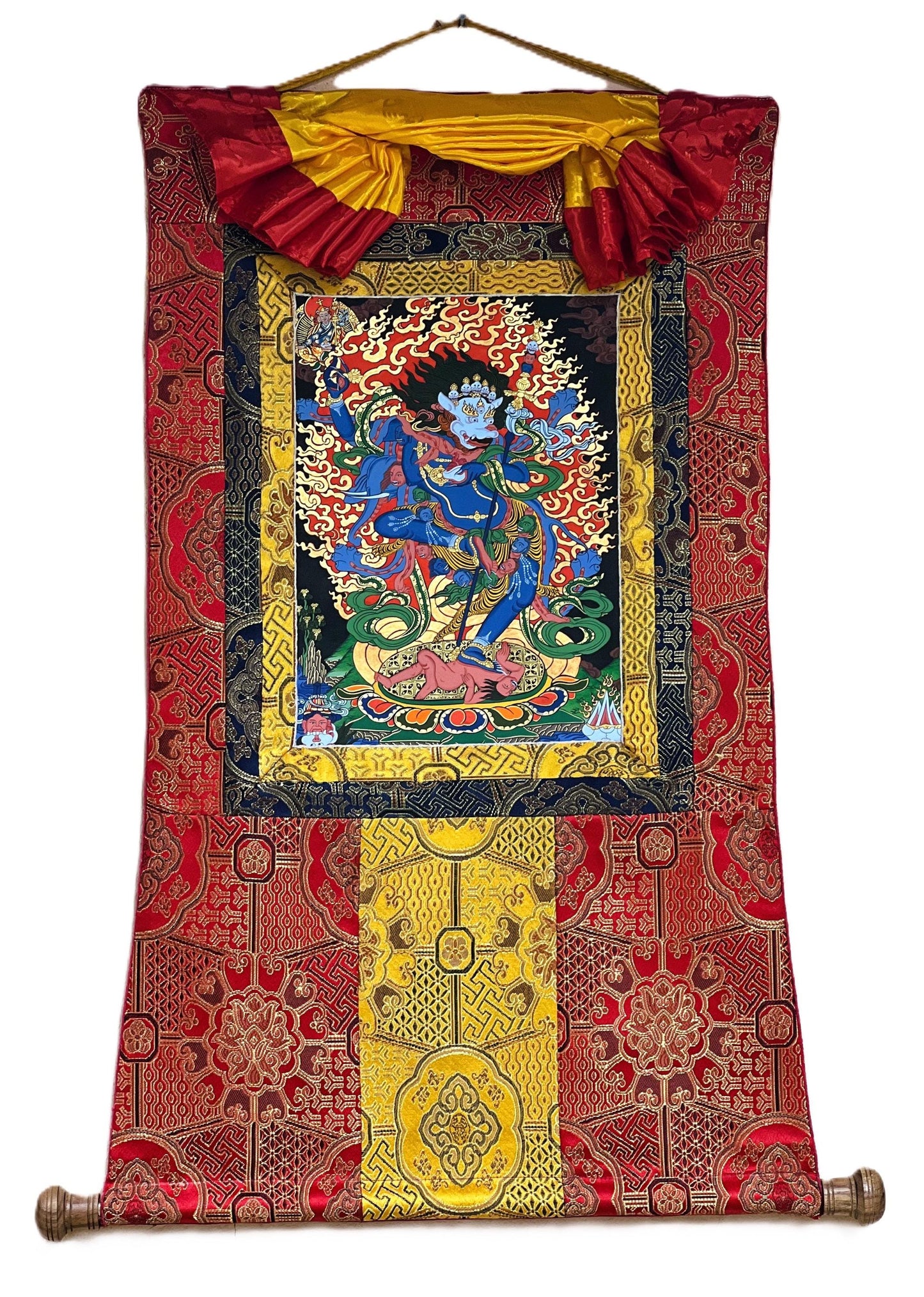 Simhamukhi Vajrayogini Thangka – Original Hand-Painted Lion-Faced Dakini Masterpiece With Silk Brocade