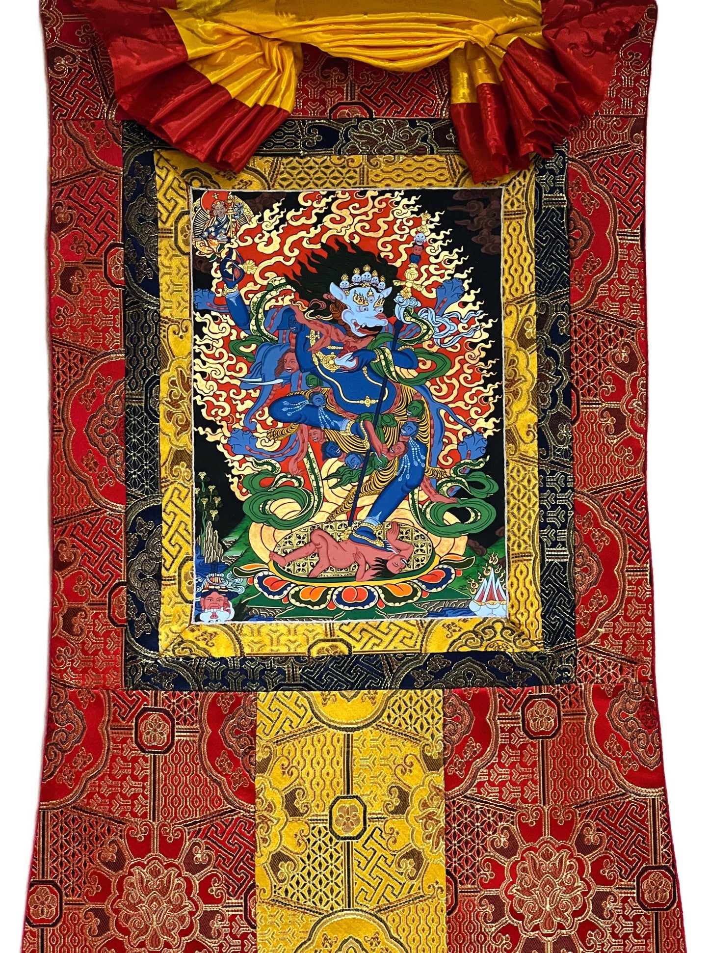 Simhamukhi Vajrayogini Thangka – Original Hand-Painted Lion-Faced Dakini Masterpiece With Silk Brocade