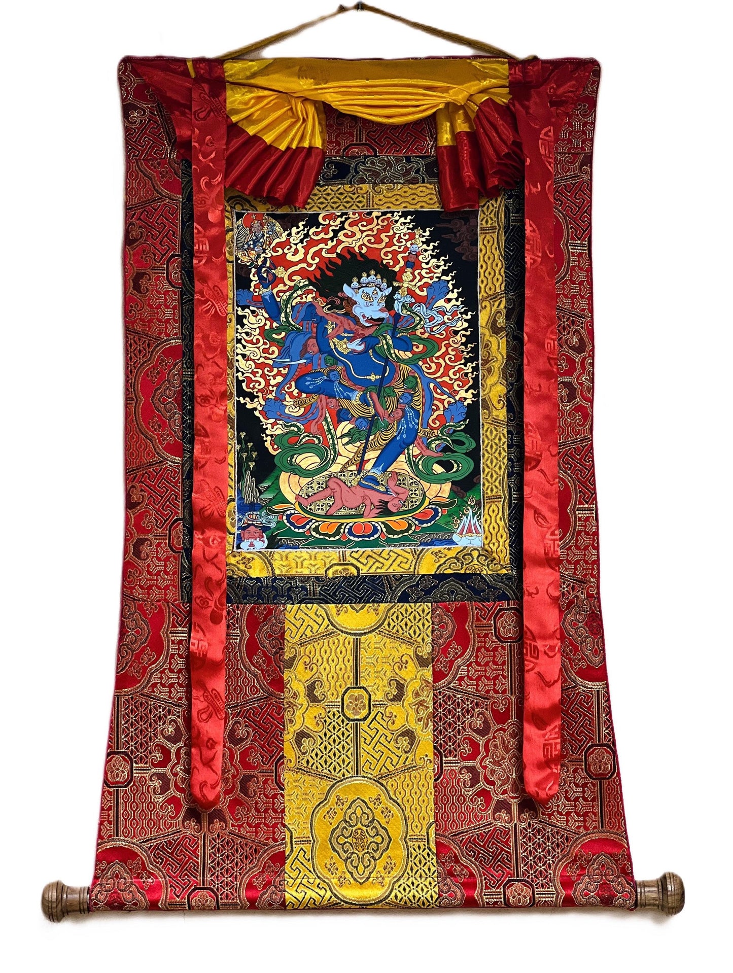 Simhamukhi Vajrayogini Thangka – Original Hand-Painted Lion-Faced Dakini Masterpiece With Silk Brocade
