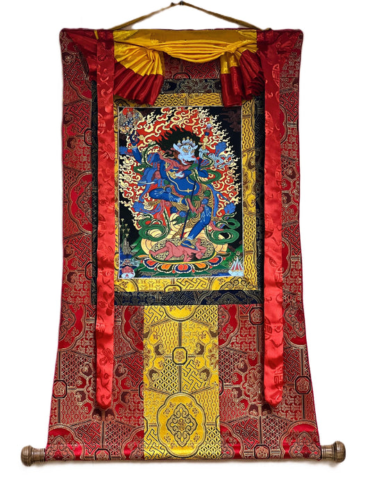 Simhamukhi Vajrayogini Thangka – Original Hand-Painted Lion-Faced Dakini Masterpiece With Silk Brocade