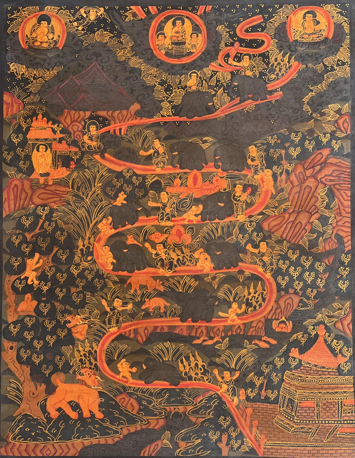 Hand-Painted Tibetan Thangka: Samatha Meditation, Elephant Path Art
