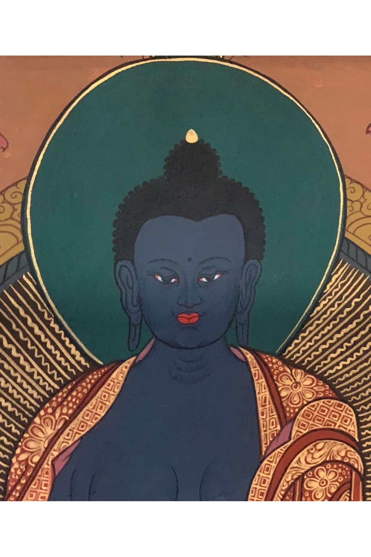 Hand-Painted Medicine Buddha Thangka Painting with Silk Brocade