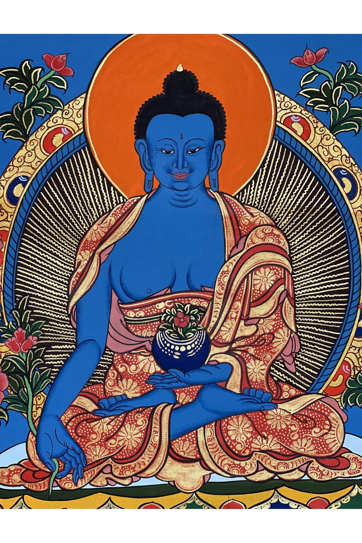 Hand-Painted Medicine Buddha Thangka Painting with Silk Brocade