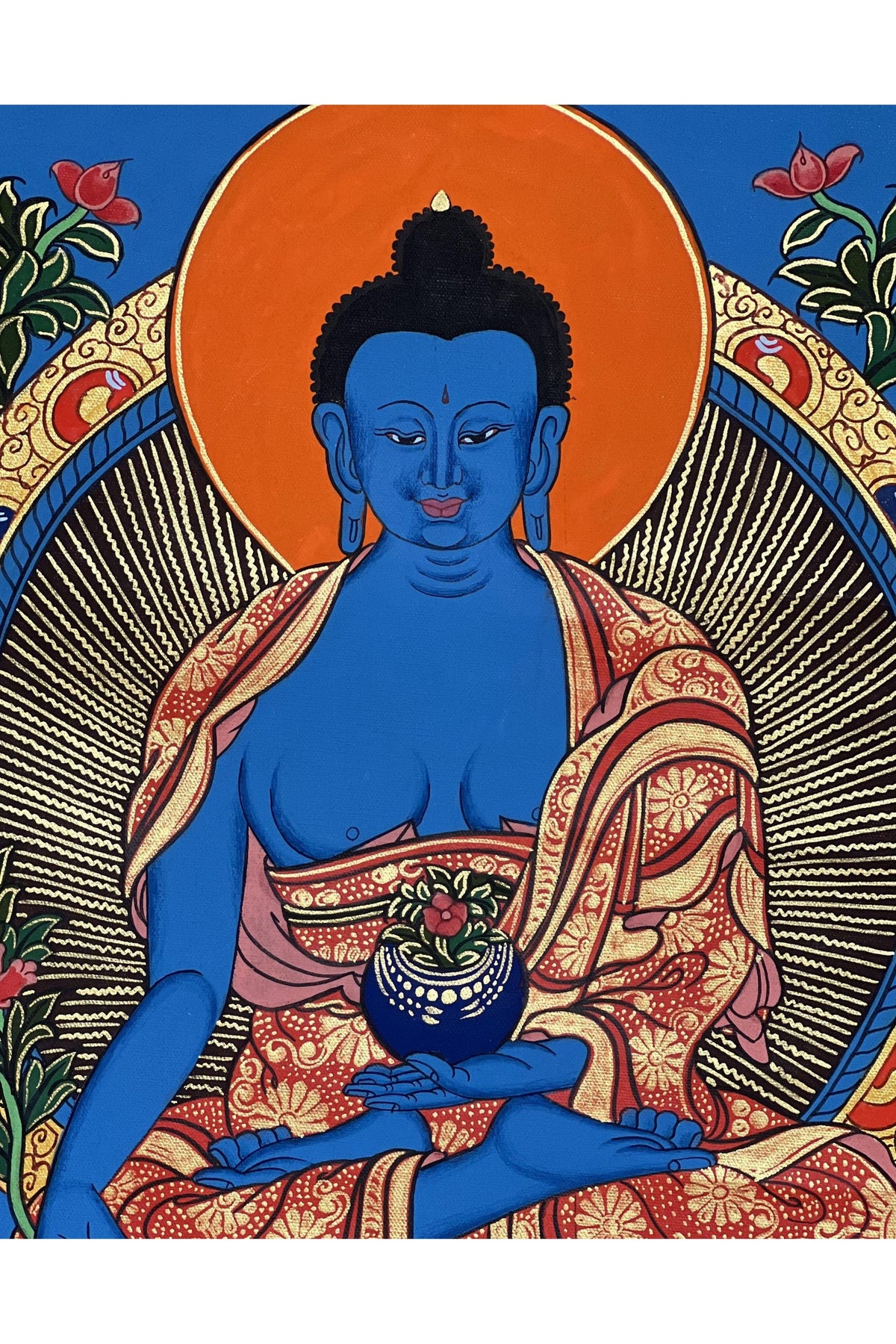Hand-Painted Medicine Buddha Thangka Painting with Silk Brocade