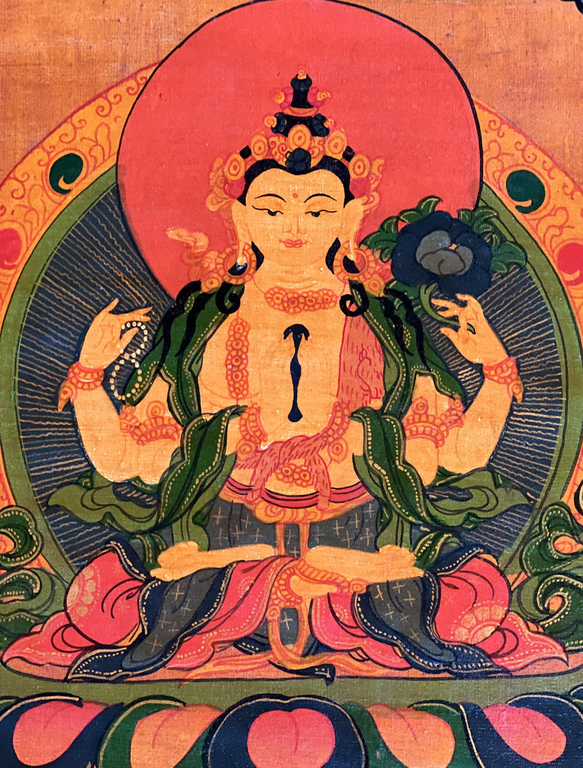 Chenrezig Thangka Painting, Avalokiteshvara Bodhisattva, Silk Brocade