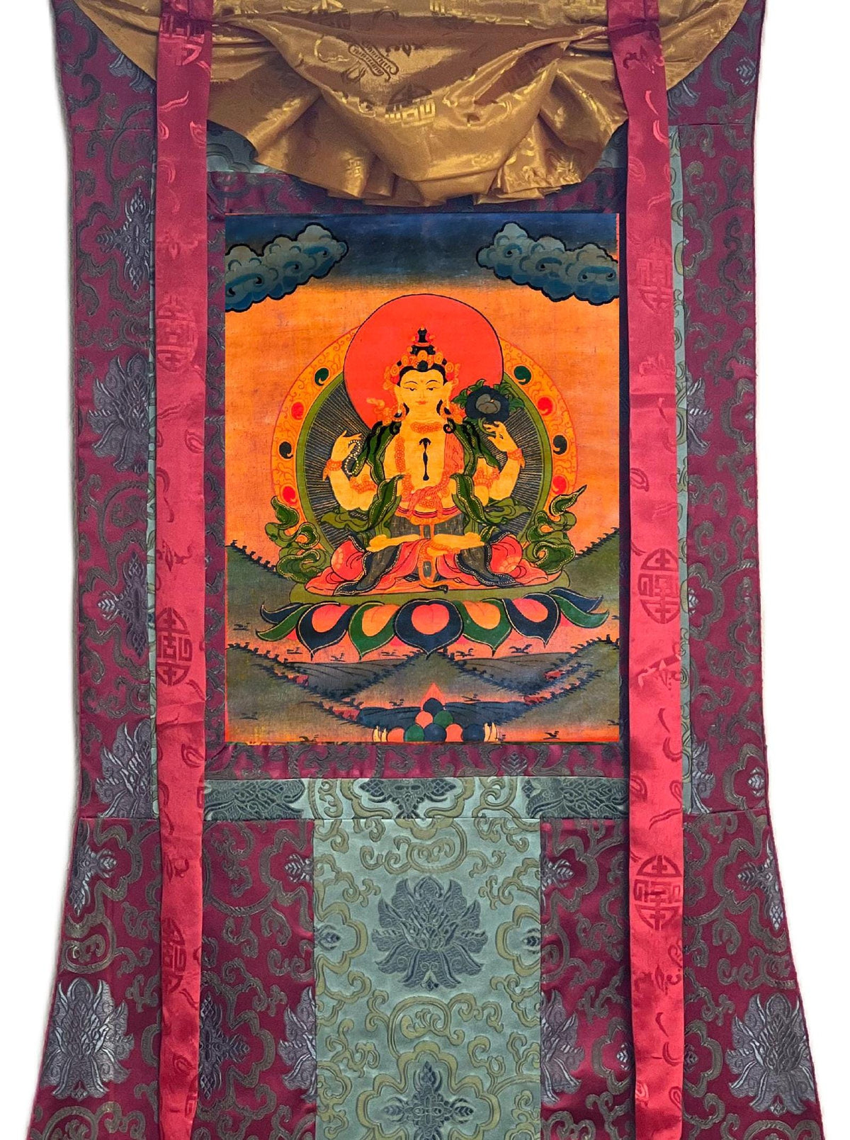 Chenrezig Thangka Painting, Avalokiteshvara Bodhisattva, Silk Brocade
