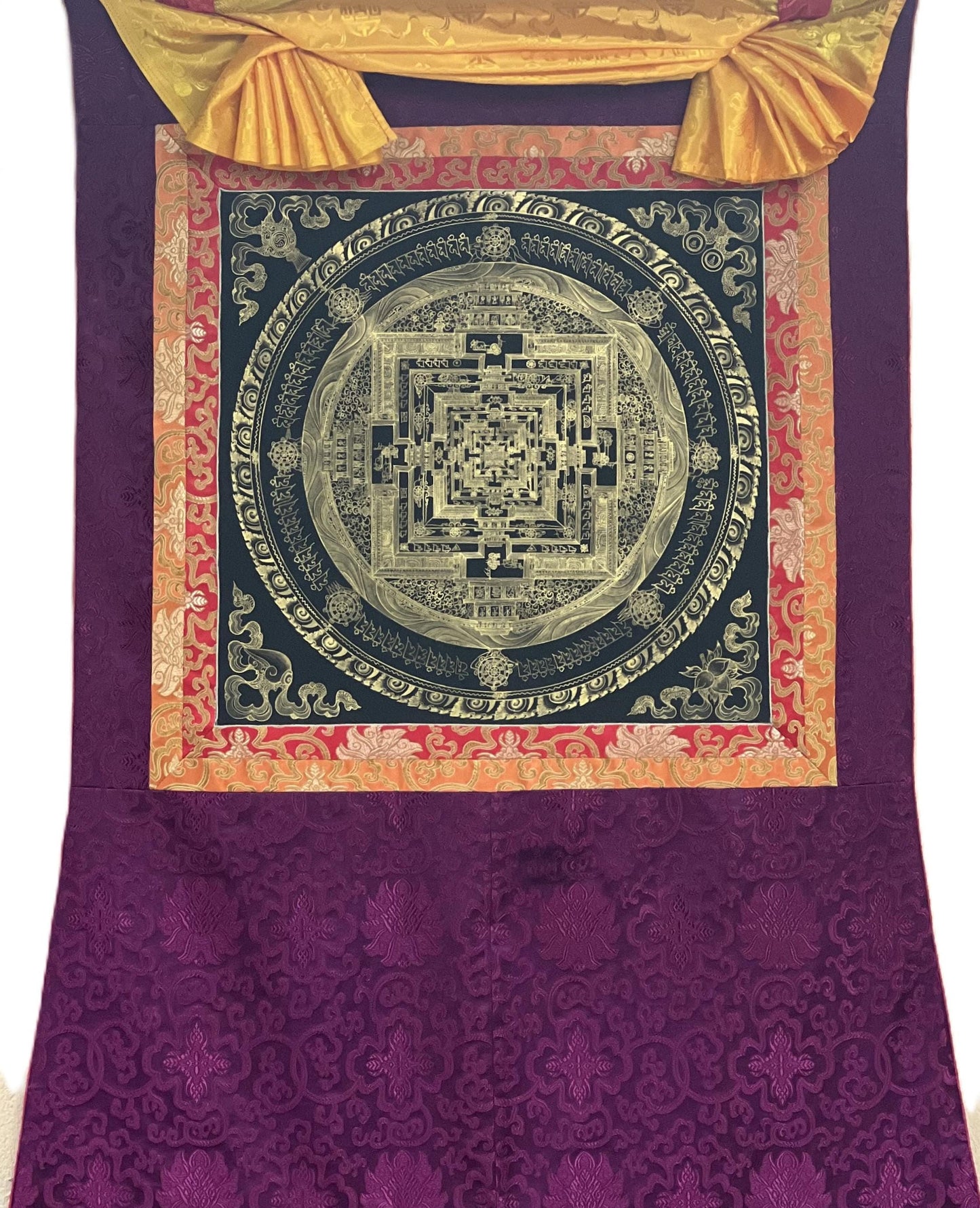 Hand Painted Kalachakra Mandala Thangka with Silk Brocade