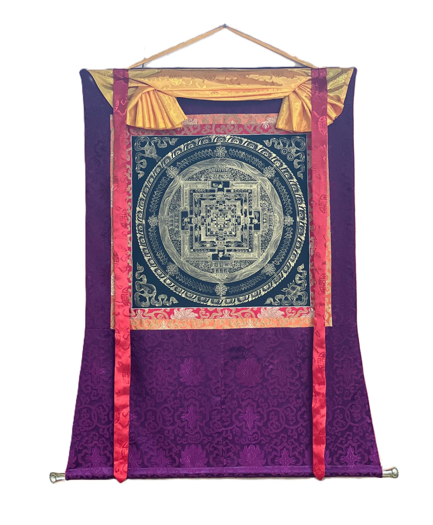 Hand Painted Kalachakra Mandala Thangka with Silk Brocade