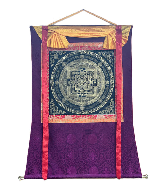Hand Painted Kalachakra Mandala Thangka with Silk Brocade