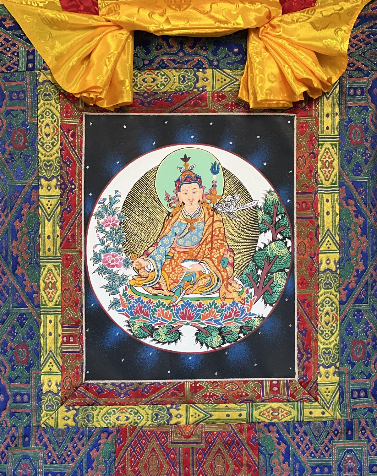 Hand-Painted Padmasambhava Thangka Painting with Silk Brocade