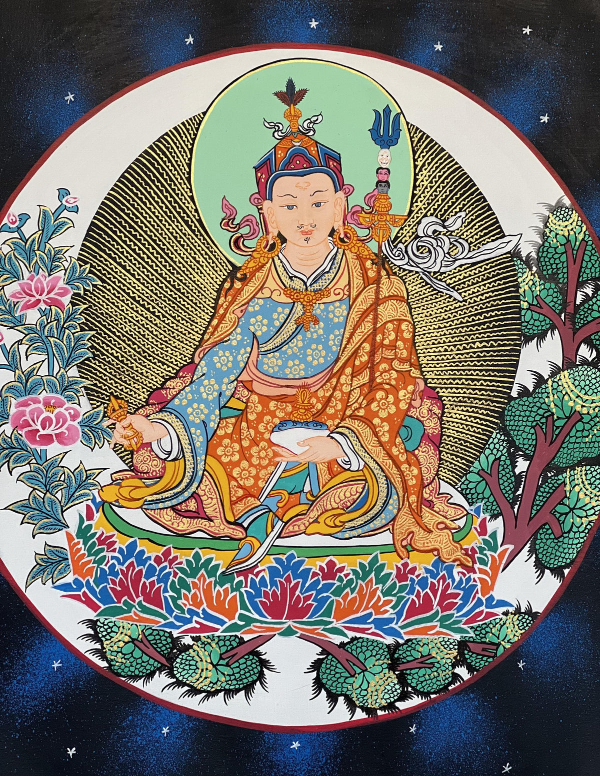 Hand-Painted Padmasambhava Thangka Painting with Silk Brocade