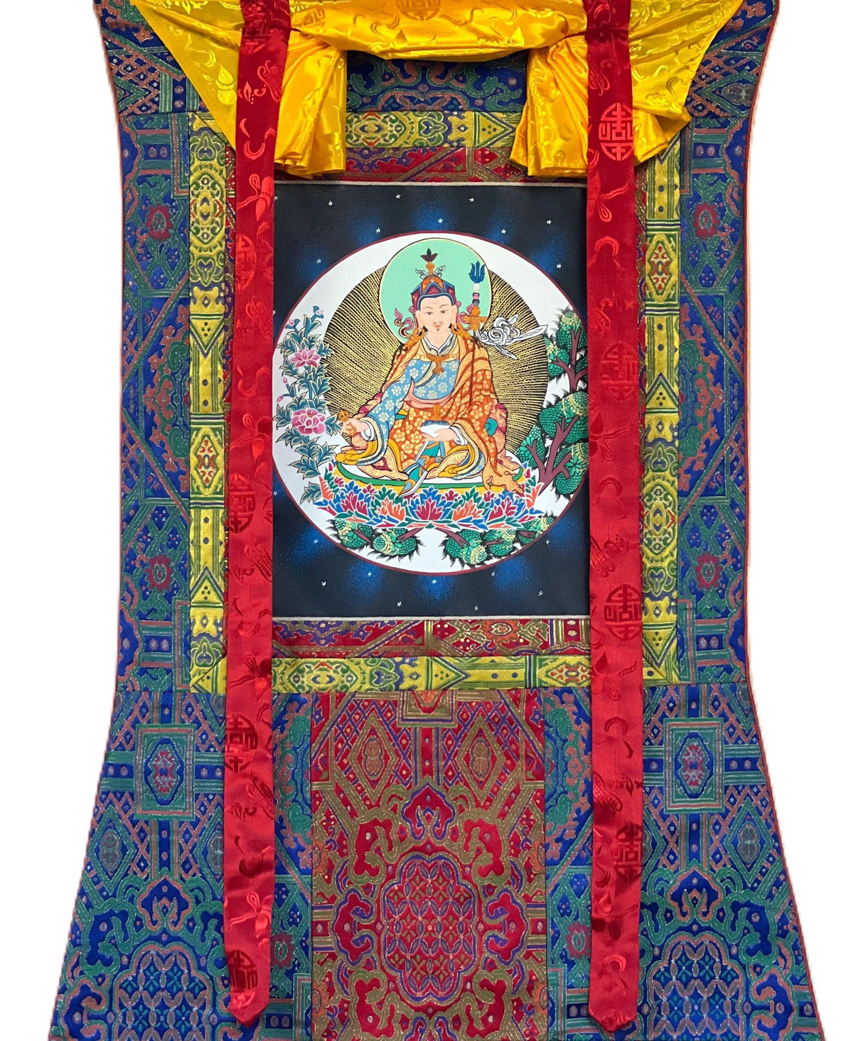 Hand-Painted Padmasambhava Thangka Painting with Silk Brocade