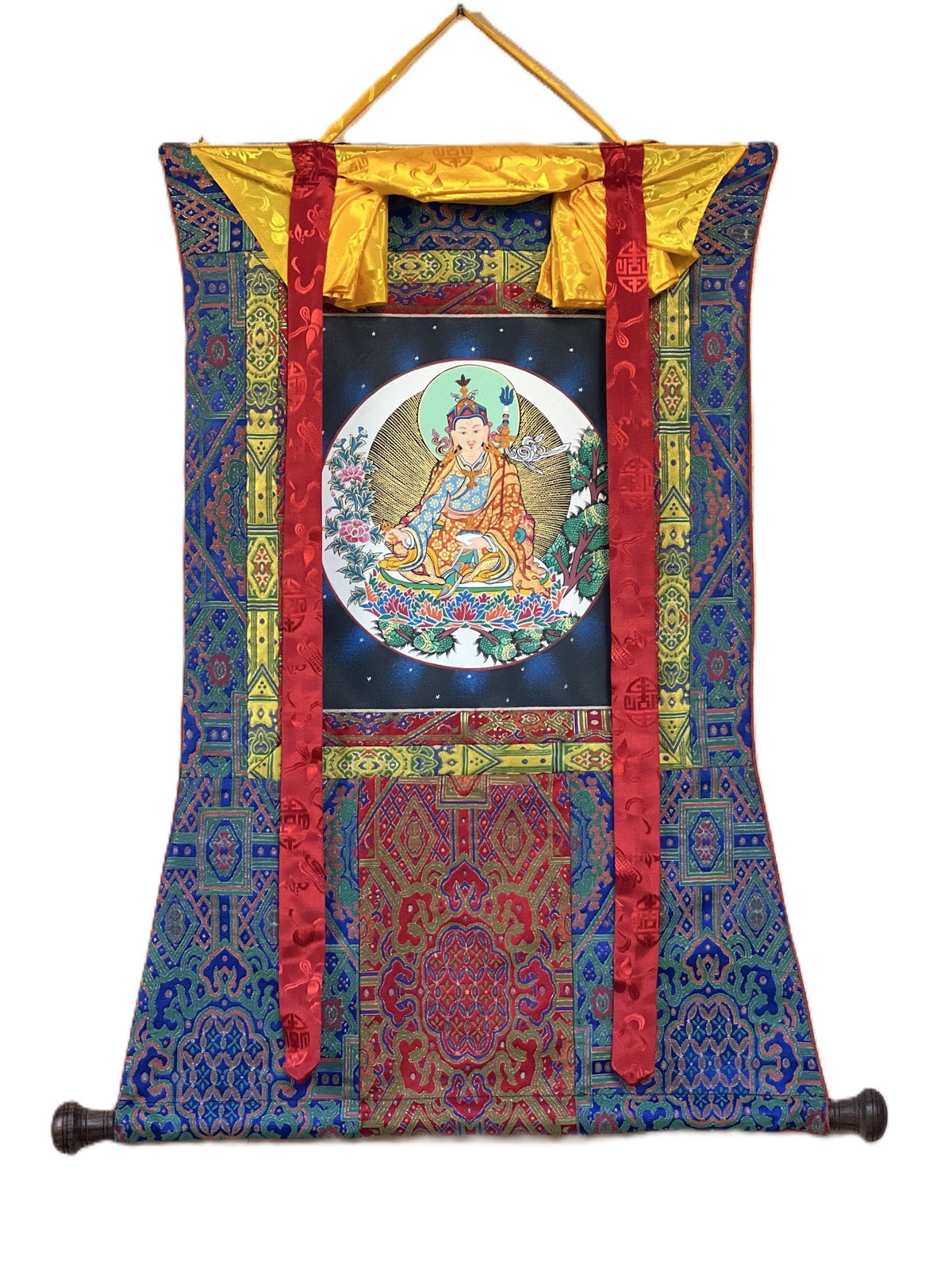Hand-Painted Padmasambhava Thangka Painting with Silk Brocade