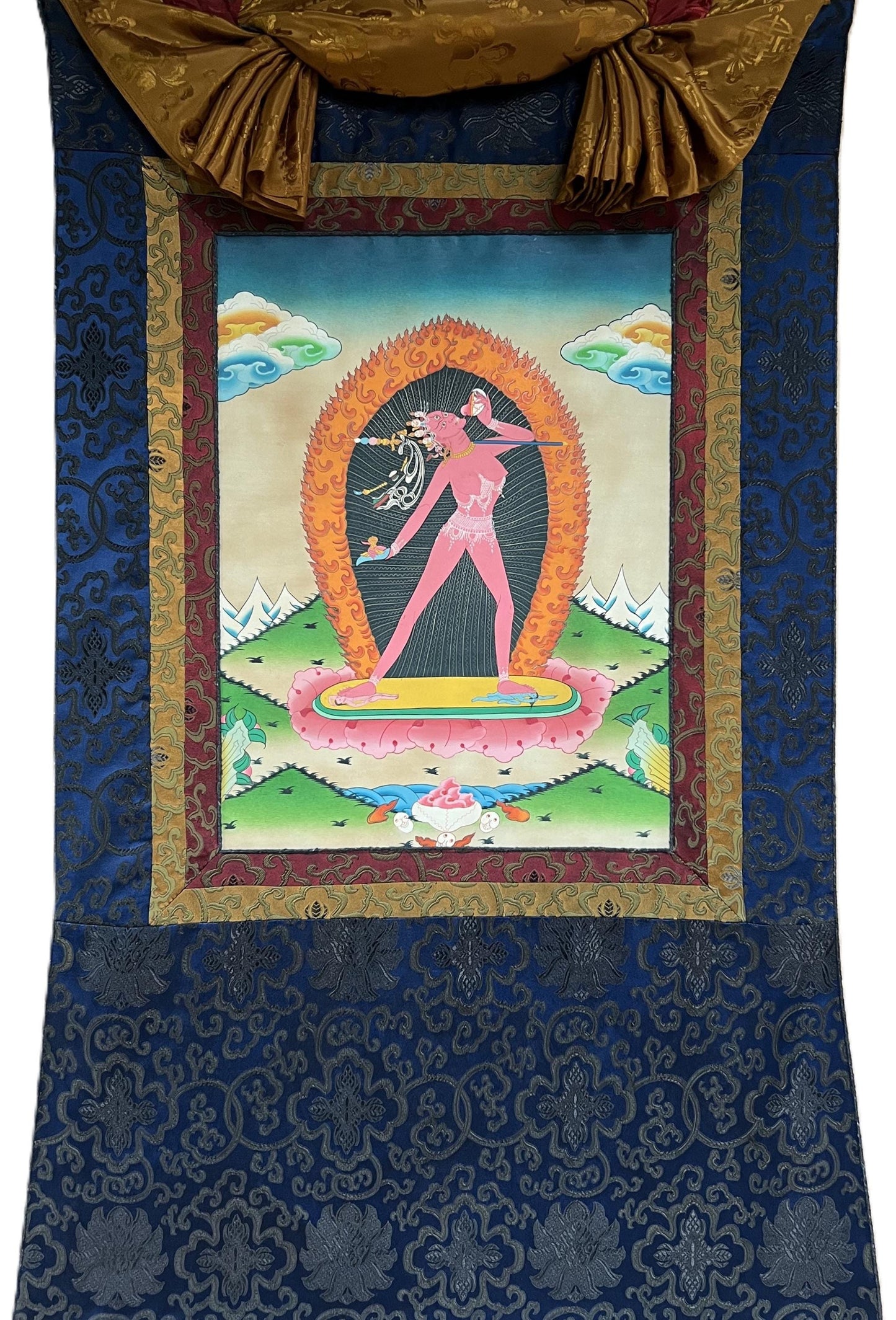 Hand Painted Semi Old, Oil Varnish Vajrayogini Thangka with Silk Brocade